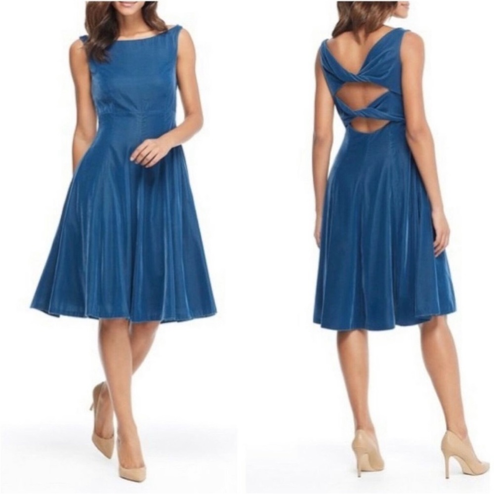 NWT Gal Meets Glam Christine Blue Velvet Swing Midi High Neckline Formal Dress 6